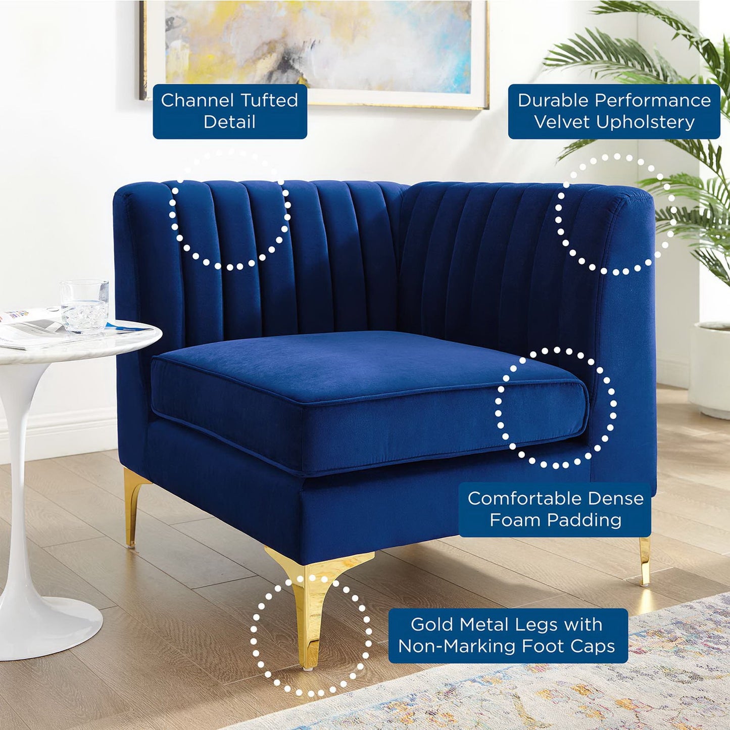 Modway Outlet Triumph Channel Tufted Performance Velvet Sectional Sofa Corner Chair by Modway  Living Room Furniture Navy - EEI-3983-NAV