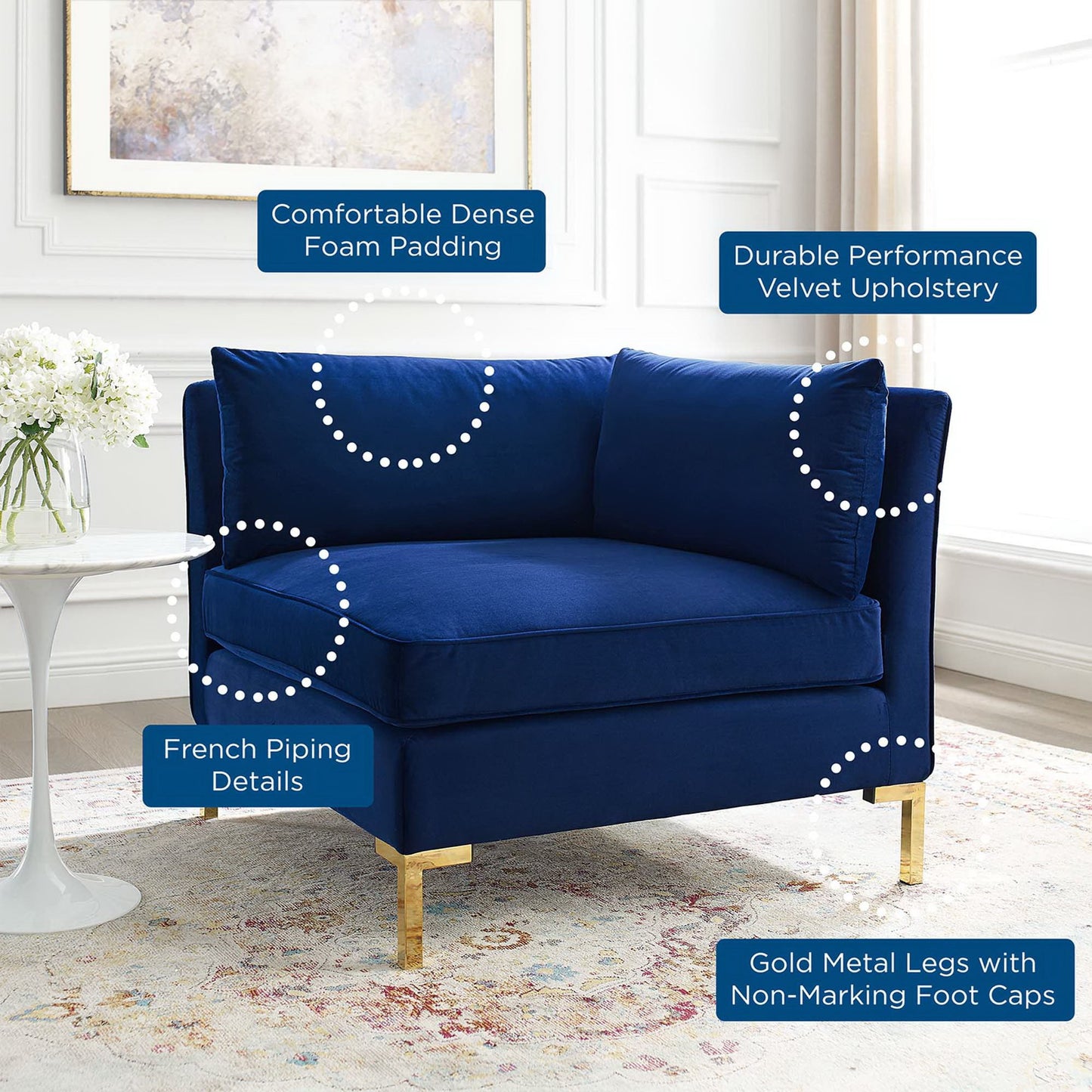 Modway Outlet Ardent Performance Velvet Sectional Sofa Corner Chair by Modway  Living Room Furniture Navy - EEI-3985-NAV