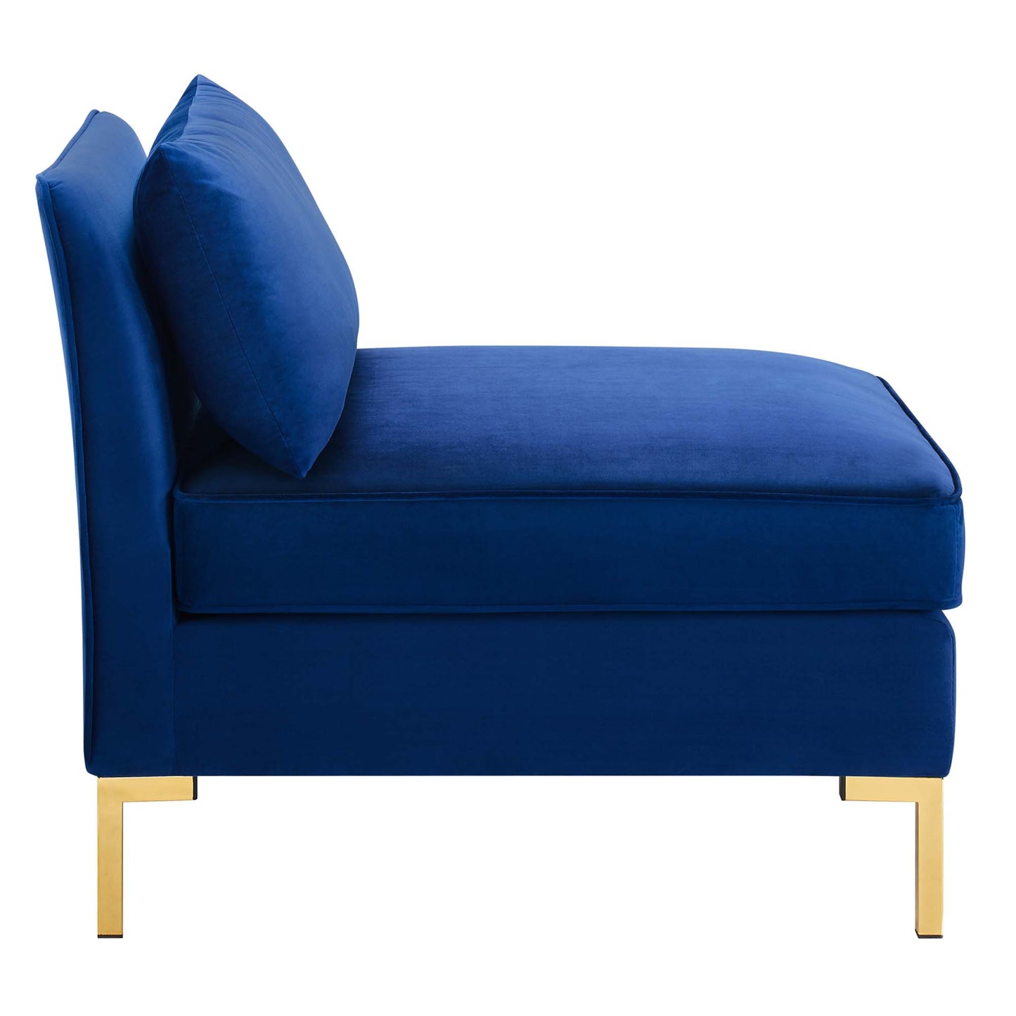 Navy blue velvet armless chair with gold metal legs and matching cushions.