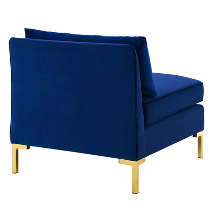 Navy blue performance velvet armless chair with gold metal legs & plush cushions, back view.