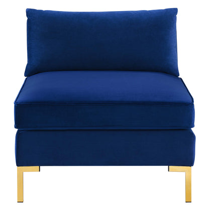 Navy blue velvet armless chair with thick seat and back cushions, gold-toned metal legs