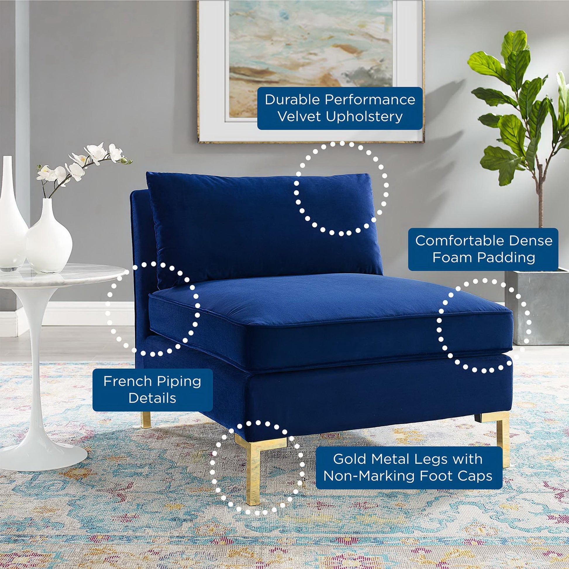 Navy velvet armless lounge chair with gold metal legs, durable upholstery, foam padding, and French piping details.