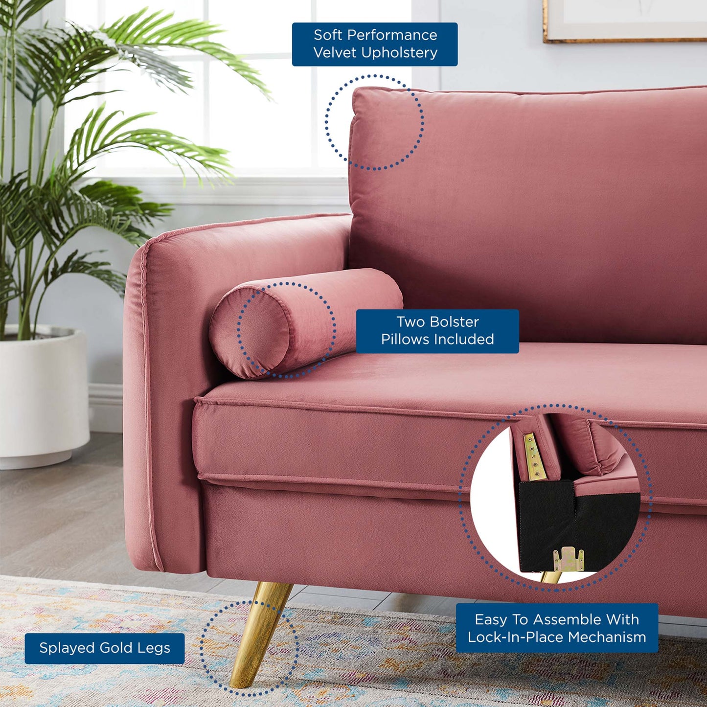 Modway Outlet Revive Performance Velvet Sofa by Modway  Living Room Furniture Dusty Rose - EEI-3988-DUS