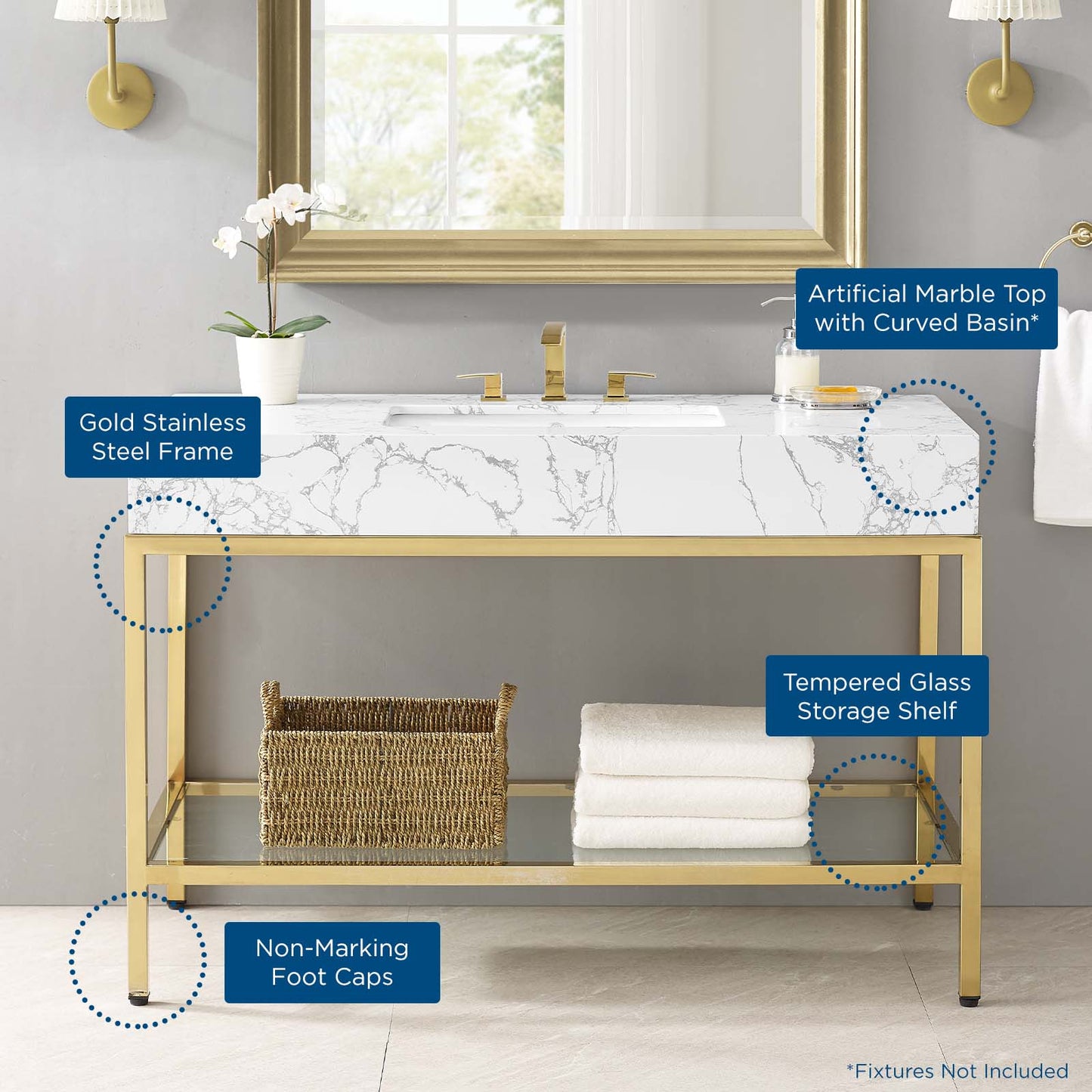 Modway Outlet Kingsley 50" Gold Stainless Steel Bathroom Vanity by Modway  Bathroom Furniture Gold White - EEI-3999-GLD-WHI