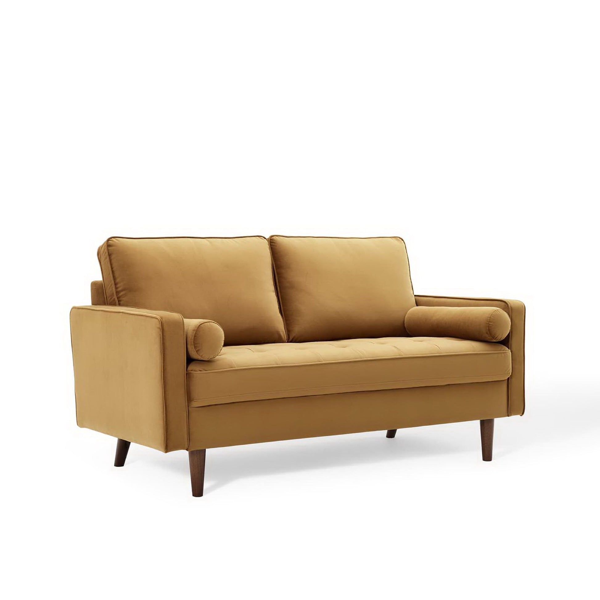 Brown velvet loveseat with square arms, two back cushions, cylindrical end bolsters, and tapered wooden legs.