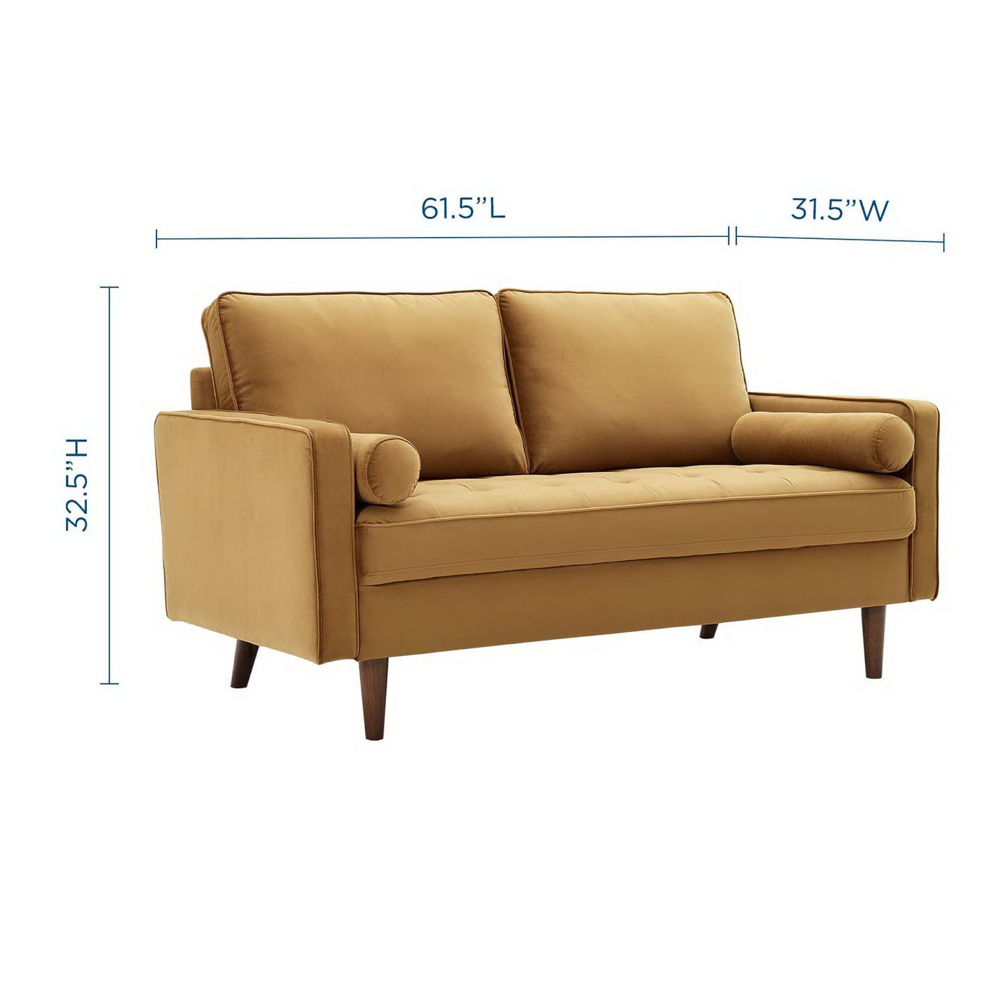 Brown velvet loveseat with two back cushions, bolster pillows and tapered wood legs; 61.5"L x 31.5"W x 32.5"H.