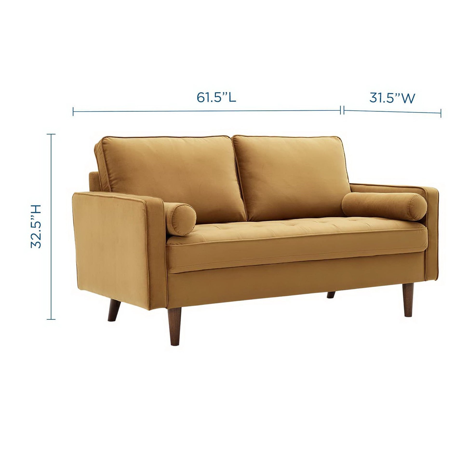 Brown velvet loveseat with two back cushions, bolster pillows and tapered wood legs; 61.5"L x 31.5"W x 32.5"H.