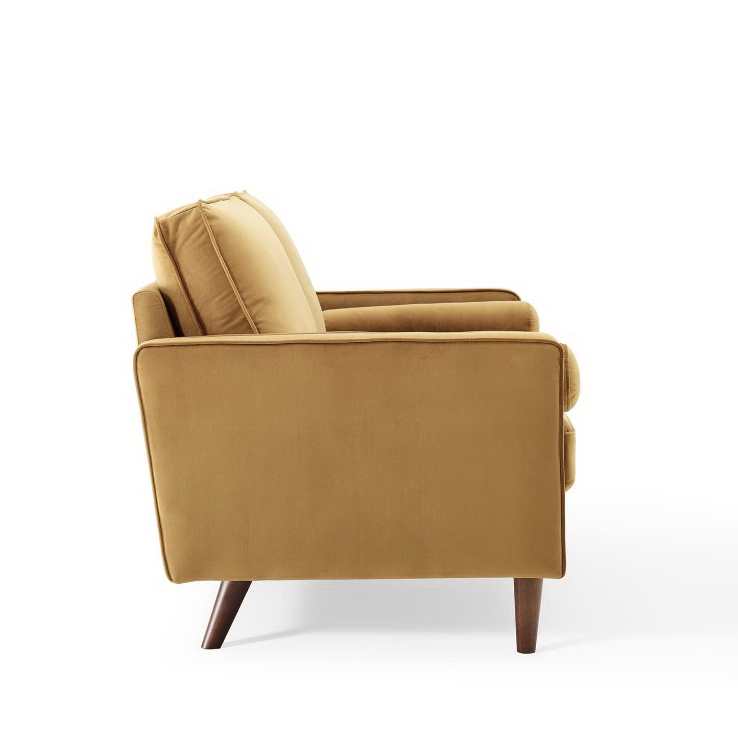 Brown velvet loveseat with mid-century style, cushioned back and seat, straight arms, and tapered wooden legs.