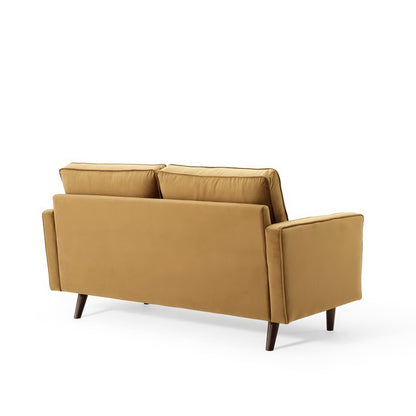 Brown velvet loveseat with square arms and tapered dark wood legs.