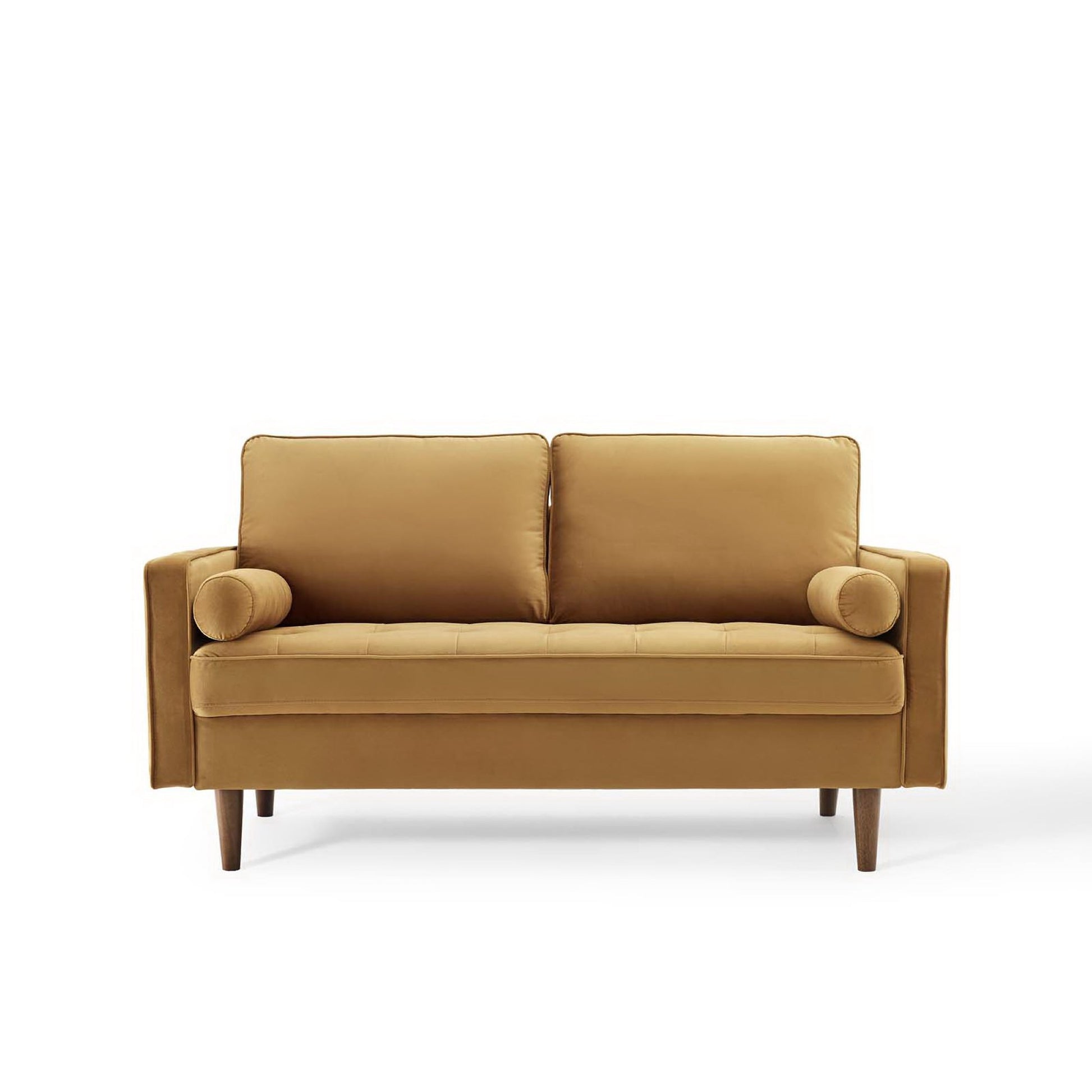 Brown velvet loveseat with two back cushions and cylindrical bolster pillows, square arms, and tapered wood legs.
