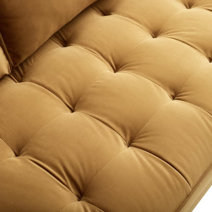 Cognac velvet loveseat with tufted square cushions; plush seating.
