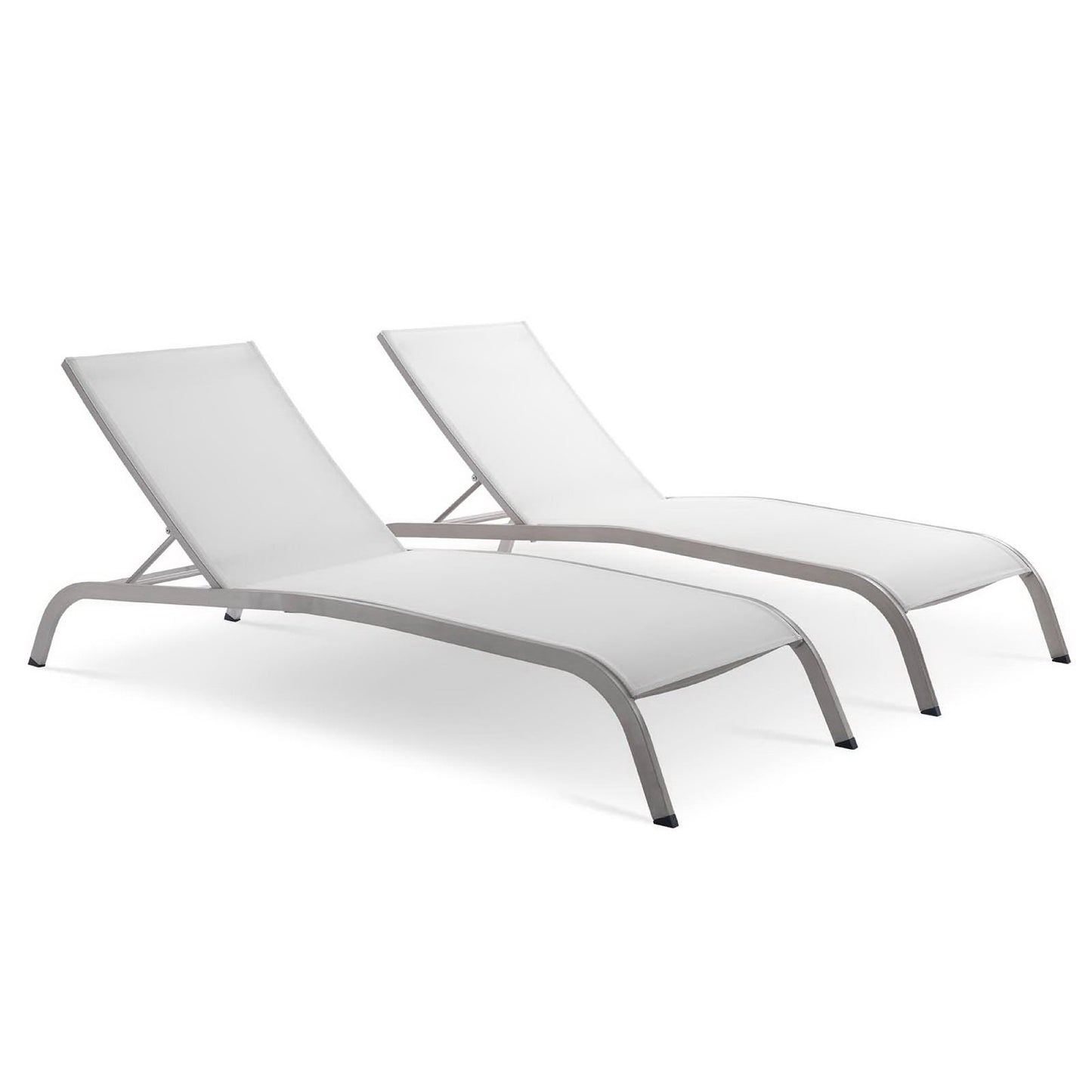Pair of white outdoor mesh chaise lounges.