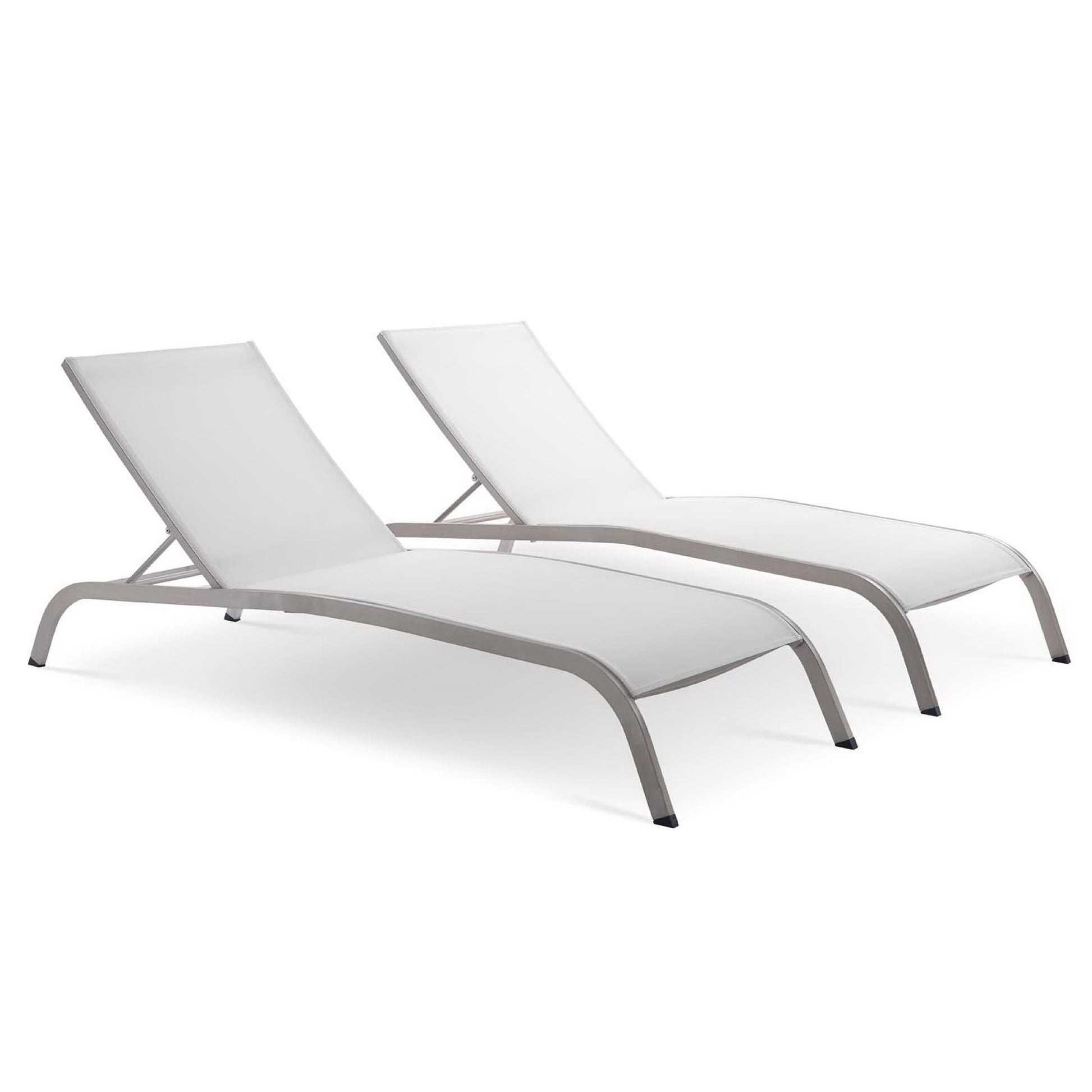 Pair of white outdoor mesh chaise lounges.