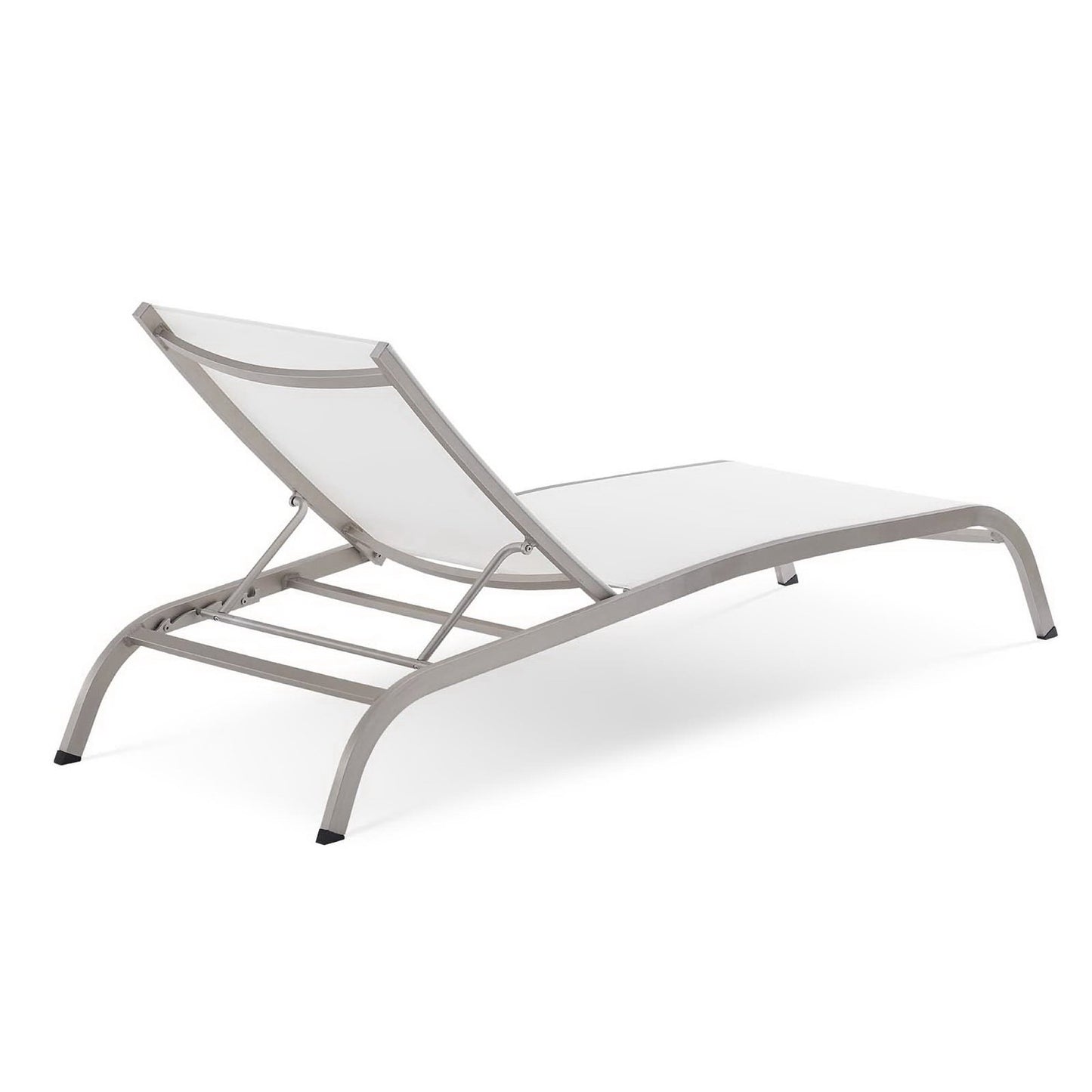 Pair of white mesh chaise lounges with grey powder-coated metal frames and adjustable backrests for outdoor use.