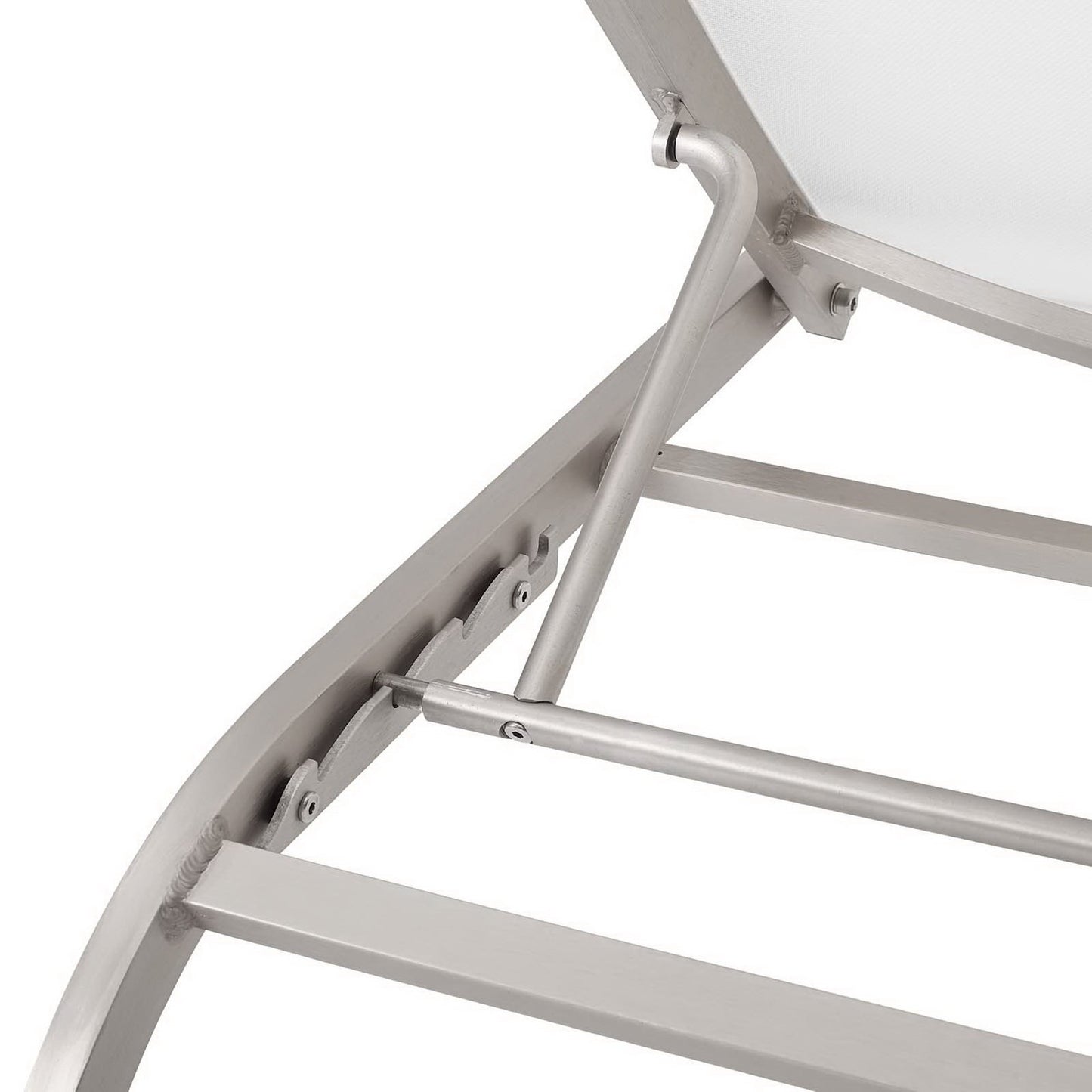 White metal outdoor chaise lounges with curved arches and mesh seating (set of 2)