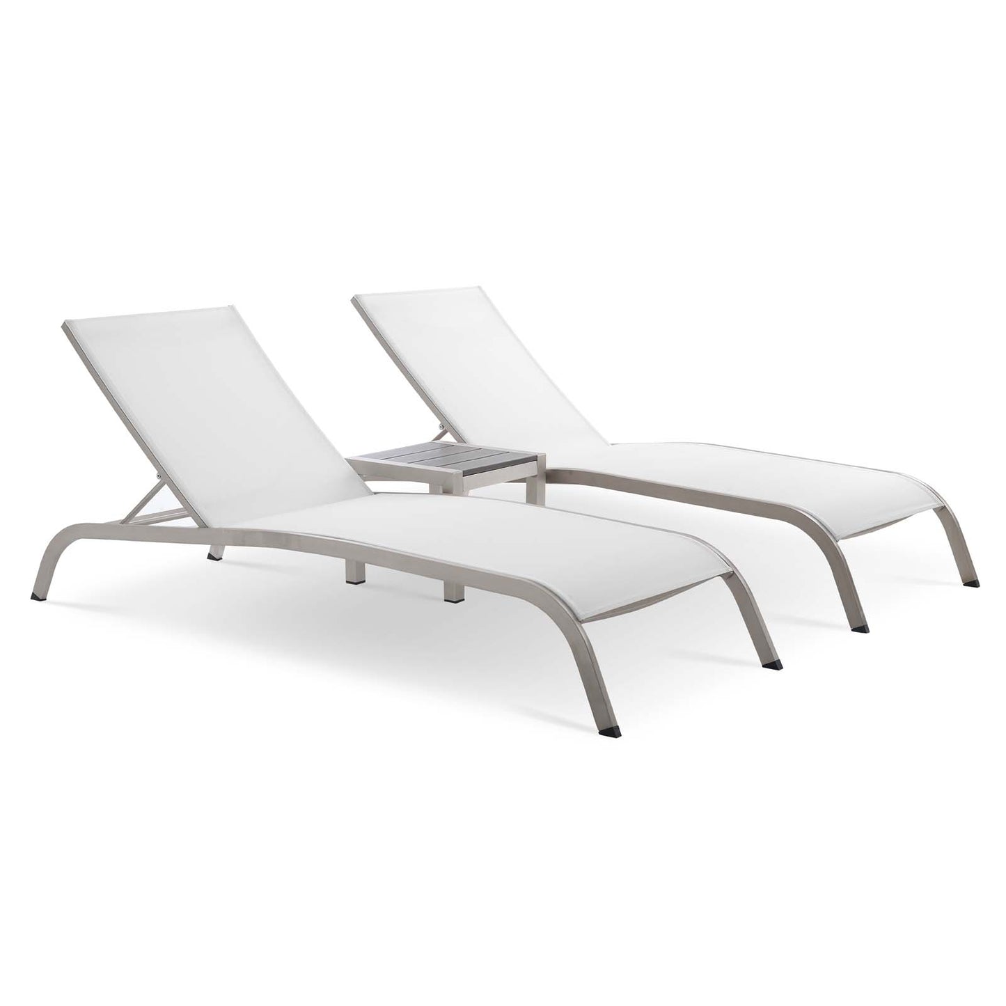 Two white outdoor chaise lounges with light gray metal frames and a shared small side table.