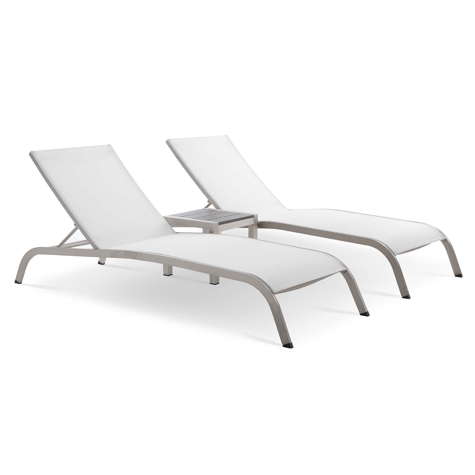 Two white outdoor chaise lounges with light gray metal frames and a shared small side table.