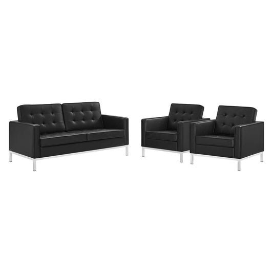 Modway - Loft 3 Piece Tufted Upholstered Faux Leather Set by Modway  Living Room Sofas and Armchairs Black - EEI-4103-SLV-BLK-SET