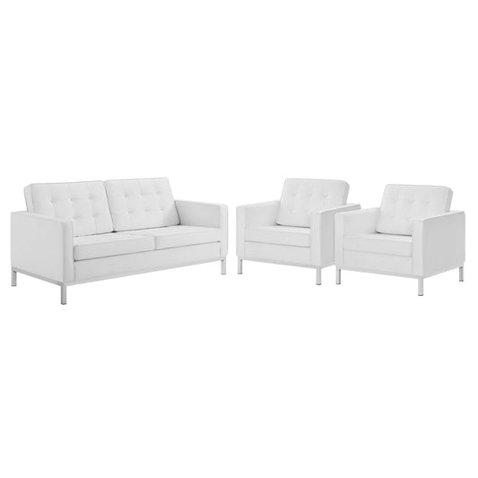 Modway - Loft 3 Piece Tufted Upholstered Faux Leather Set by Modway  Living Room Sofas and Armchairs White - EEI-4103-SLV-WHI-SET