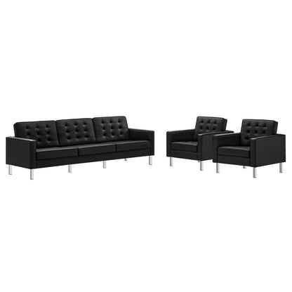 Modway - Loft 3-Piece Tufted Vegan Leather Furniture Set by Modway  Living Room Sofas and Armchairs Black - EEI-4105-SLV-BLK-SET