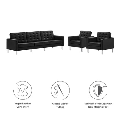 Modway - Loft 3-Piece Tufted Vegan Leather Furniture Set by Modway  Living Room Sofas and Armchairs Black - EEI-4105-SLV-BLK-SET