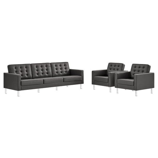 Modway - Loft 3-Piece Tufted Vegan Leather Furniture Set by Modway  Living Room Sofas and Armchairs Gray - EEI-4105-SLV-GRY-SET