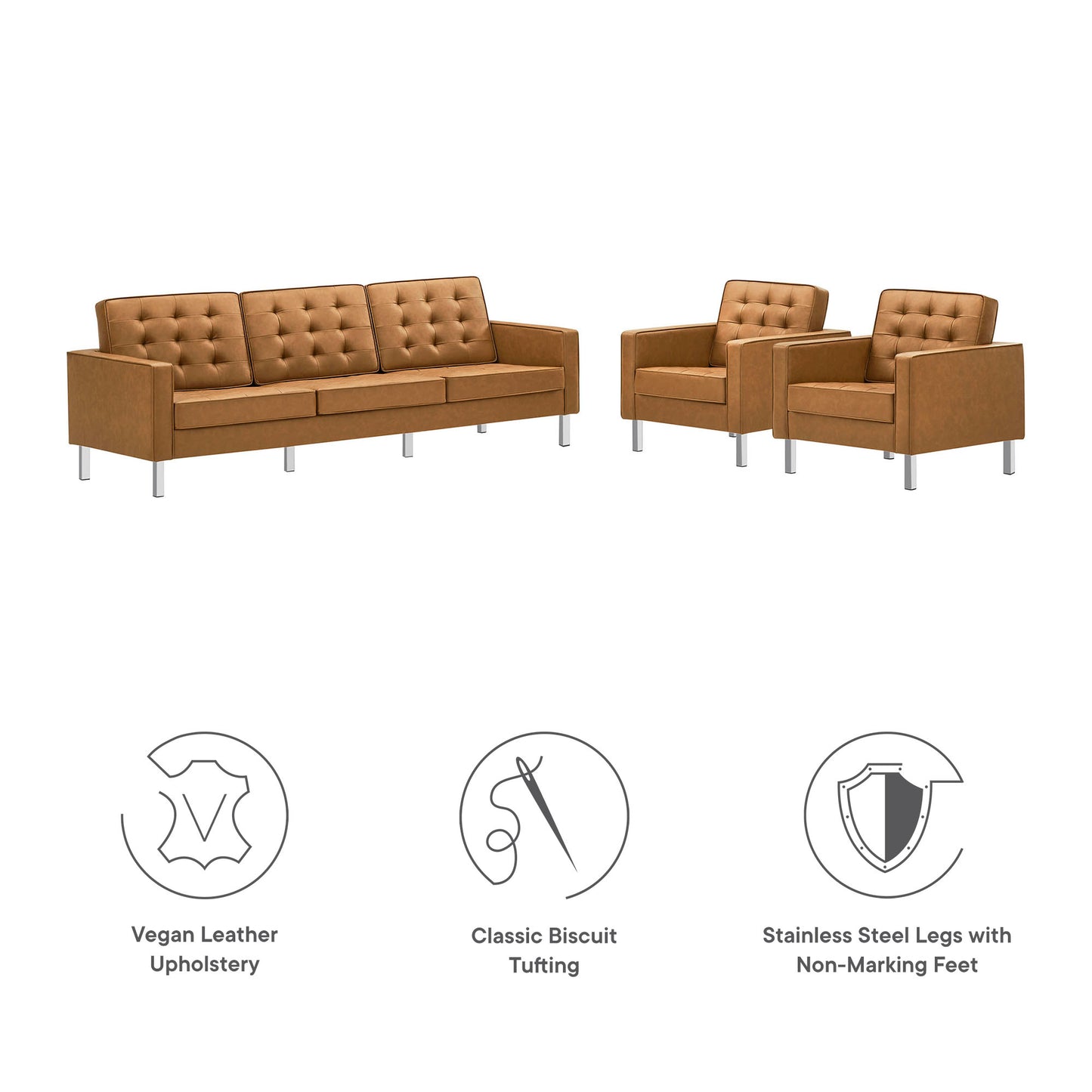 Modway - Loft 3-Piece Tufted Vegan Leather Furniture Set by Modway  Living Room Sofas and Armchairs Brown - EEI-4105-SLV-TAN-SET