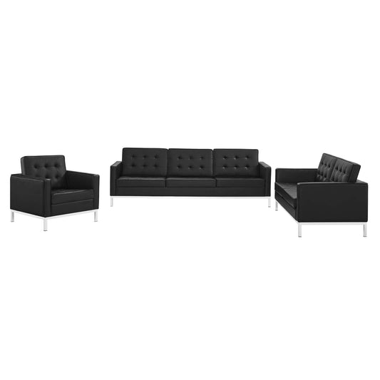 Modway - Loft 3 Piece Tufted Upholstered Faux Leather Set by Modway  Living Room Sofas and Armchairs Black - EEI-4107-SLV-BLK-SET
