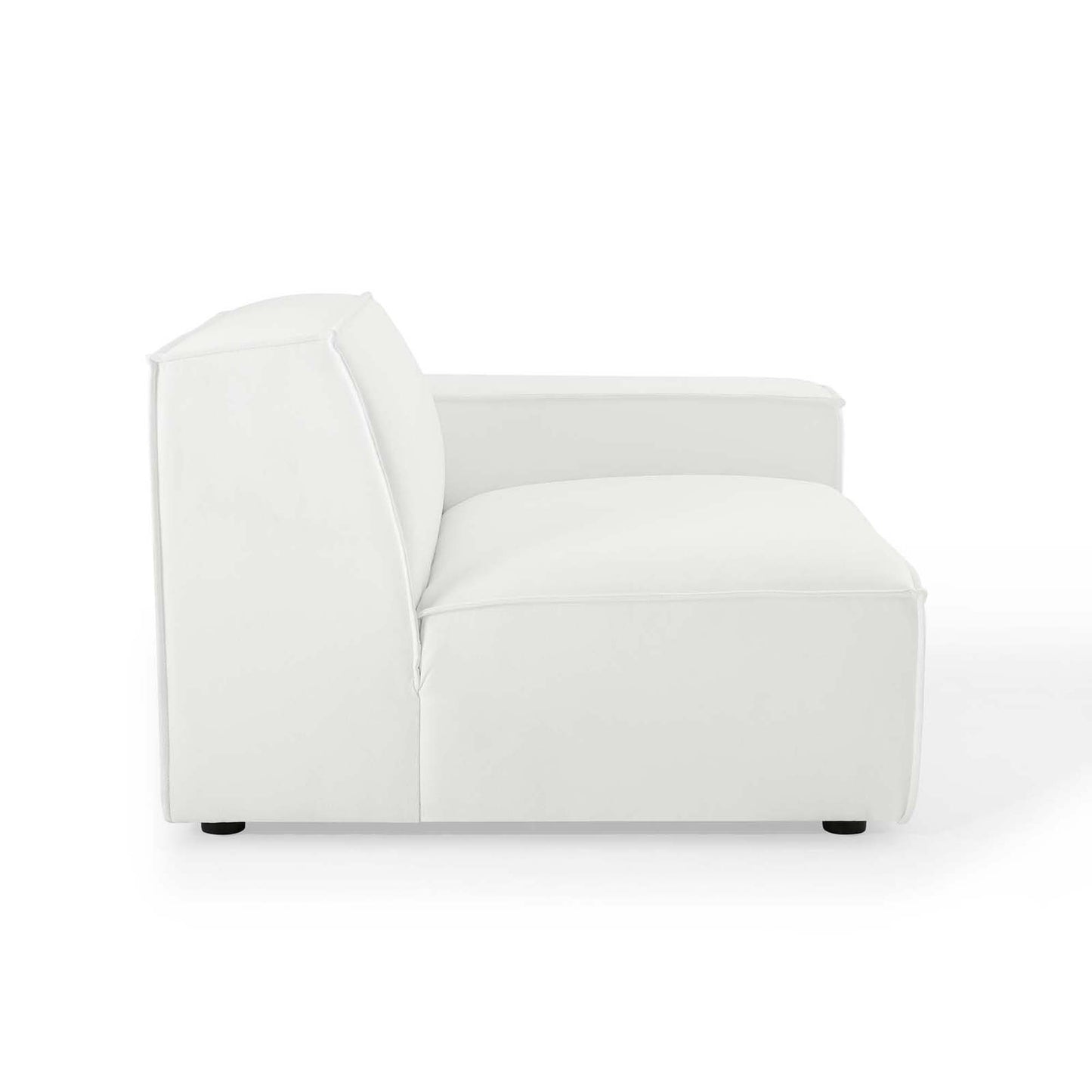 White upholstered 2-piece sectional sofa with boxy arms and cushioned back and seat.