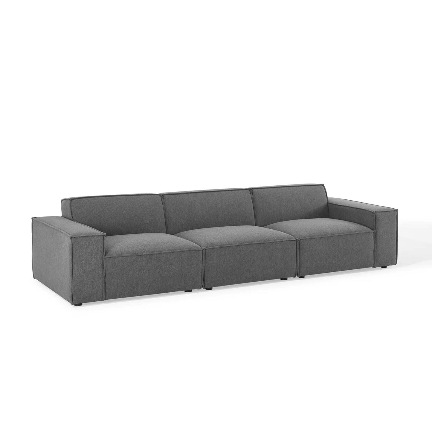 Black 3-piece sectional sofa with square arms and low back, modular living room seating.