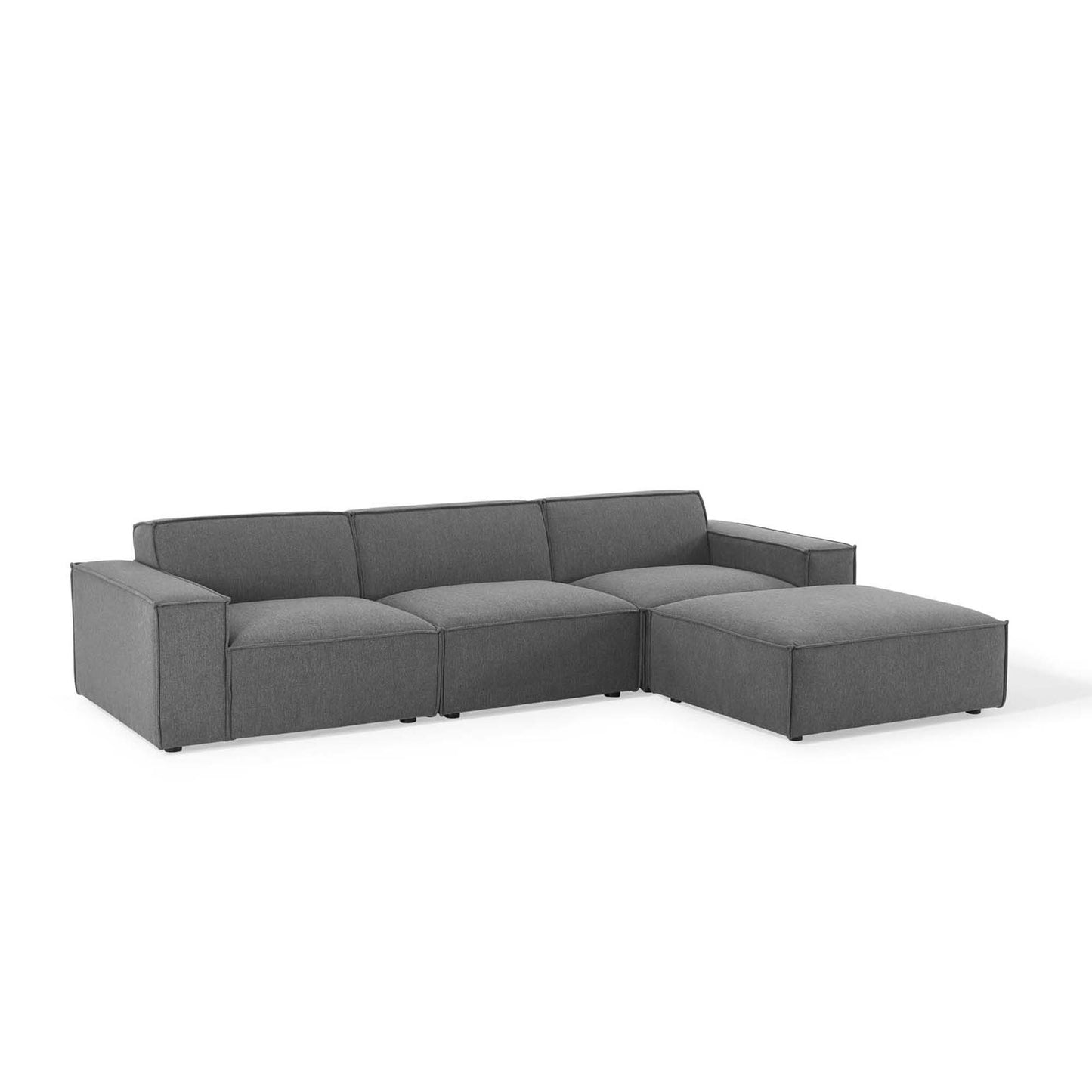 Brown fabric sectional sofa with a right-side chaise, low-profile arms and square cushions.