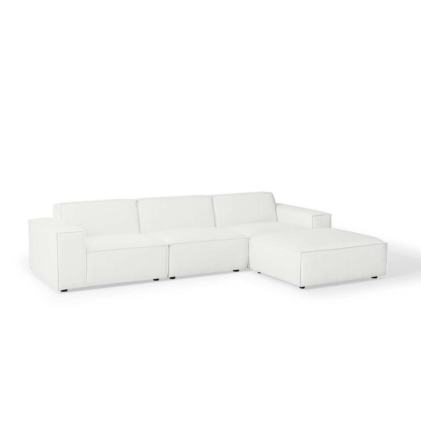 White modular sectional sofa with chaise, clean square arms, low-profile legs, modern living room seating.