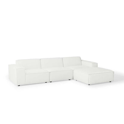 White modular sectional sofa with chaise, clean square arms, low-profile legs, modern living room seating.