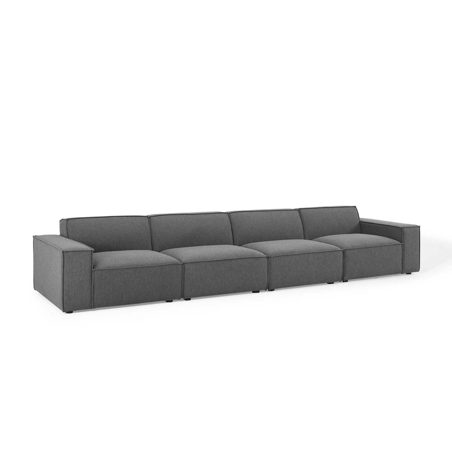 Brown fabric 4-piece sectional sofa with low back cushions and square arms.