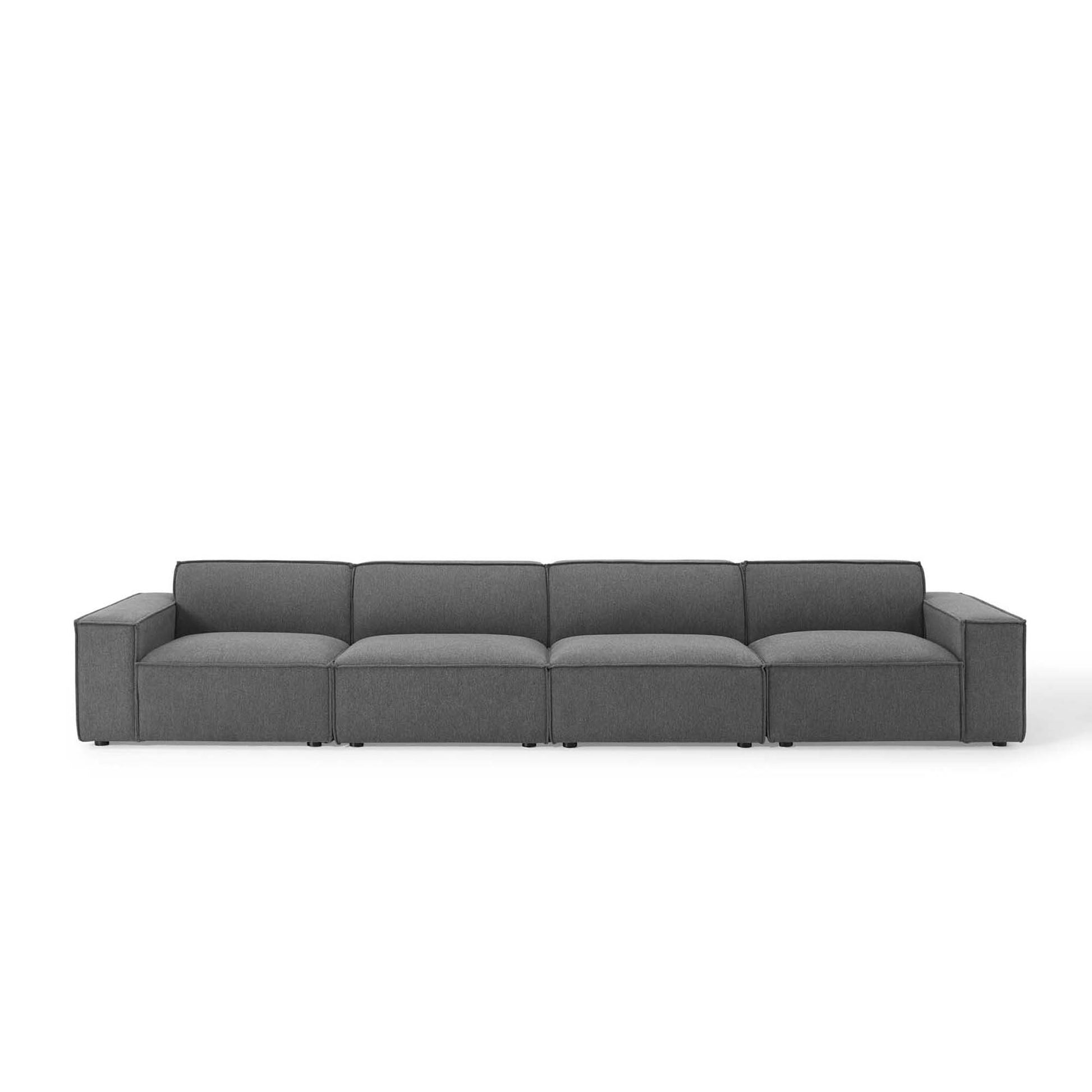 Brown fabric 4-piece sectional sofa with low-profile arms and a contemporary straight-line design for living room use.