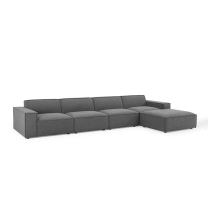 Brown fabric modular sectional sofa with chaise on the right, low-profile cushions, contemporary style.