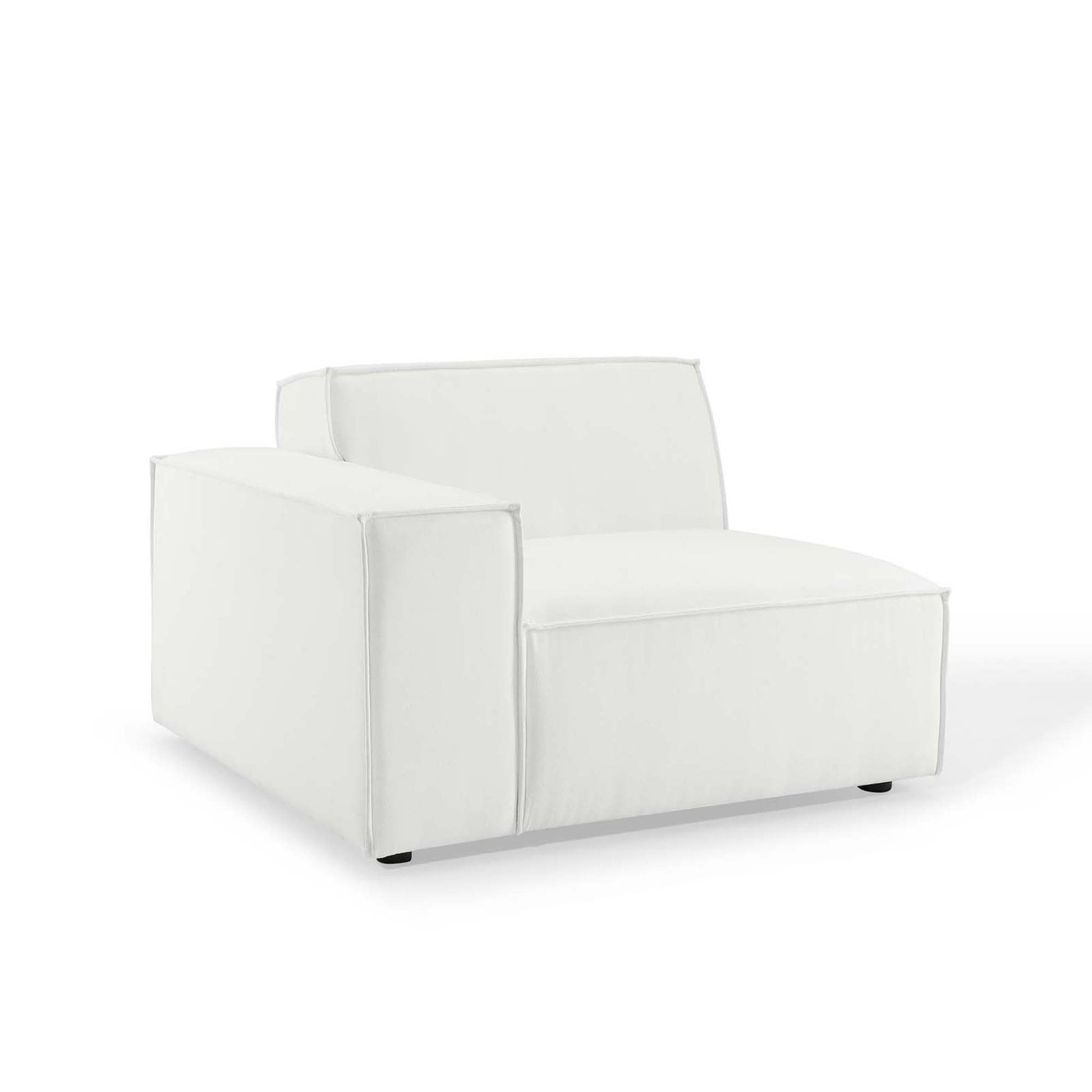 White 5-piece sectional sofa with boxy arms and plush cushions in fabric upholstery for a contemporary living room.