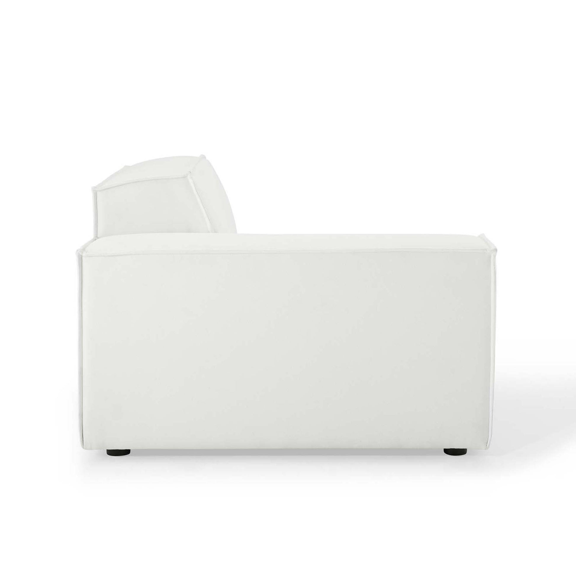 White modern 5-piece sectional sofa with low back cushions, clean lines, fabric upholstery.