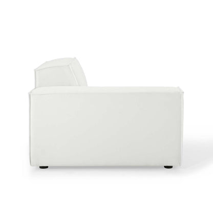 White modern 5-piece sectional sofa with low back cushions, clean lines, fabric upholstery.