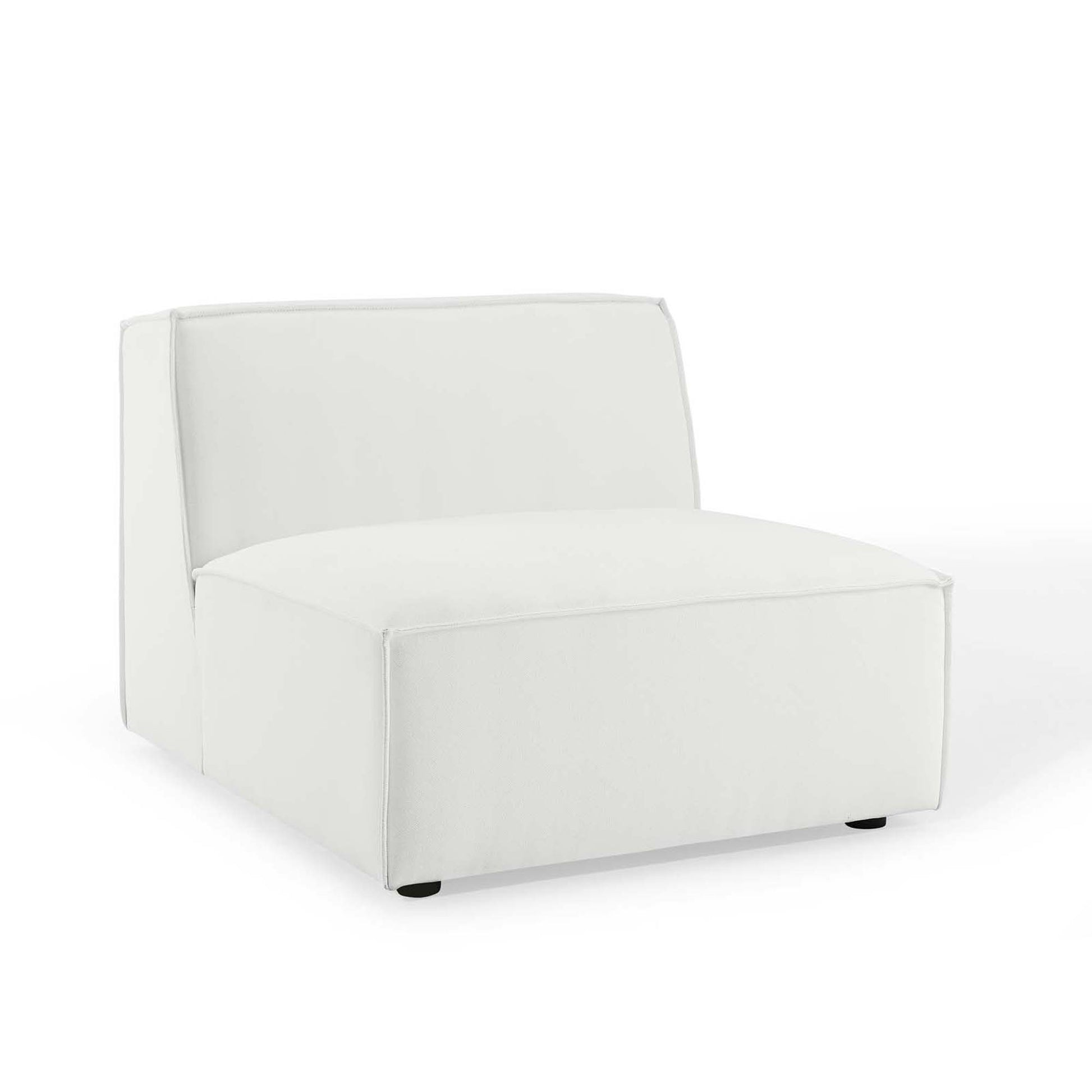White fabric sectional sofa with low-profile rectangular seats and slim back panels, minimalist contemporary style.