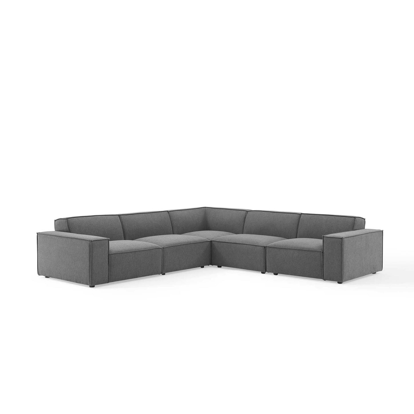 Brown 5-piece sectional sofa with low arms in an L-shaped layout, fabric upholstery, metal legs.