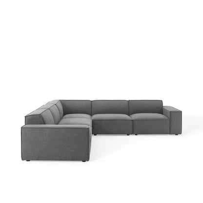 Brown modular fabric sectional sofa in an L-shaped configuration with low-profile square arms and cushioned seats.