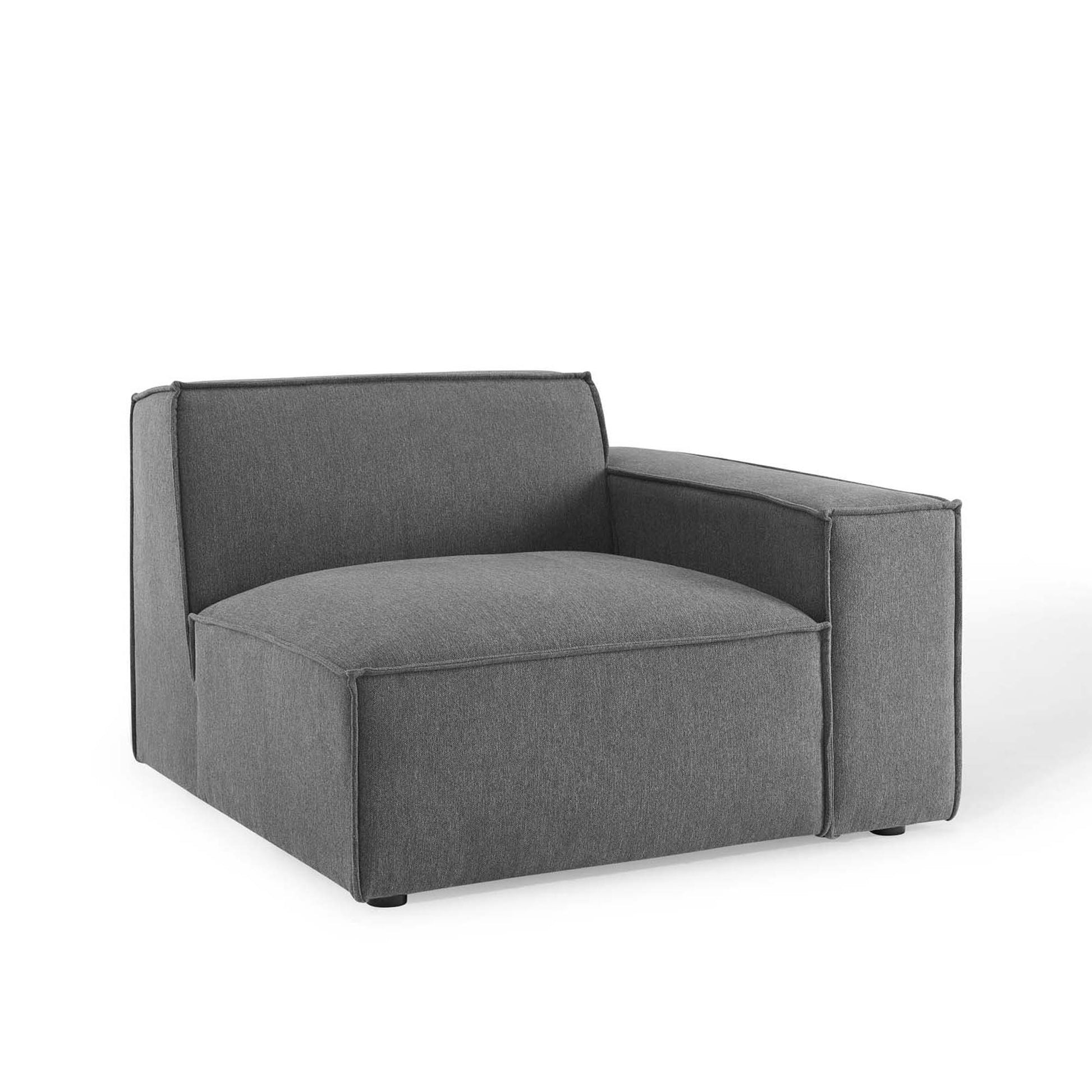 Brown fabric 5-piece sectional sofa with modular components, low back cushions and thick seat cushions.
