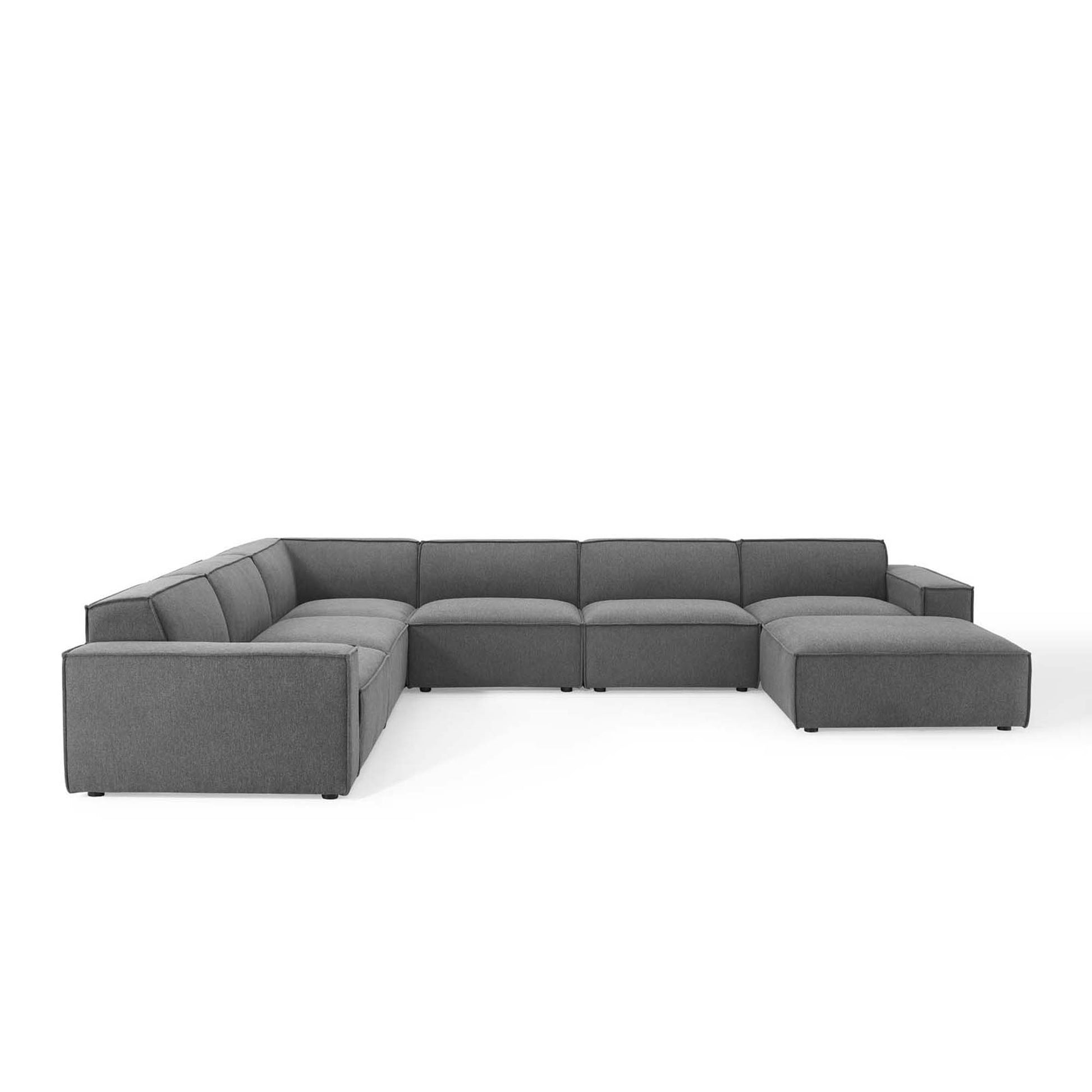 Brown fabric modular sectional with chaise, low-profile arms, square cushions.
