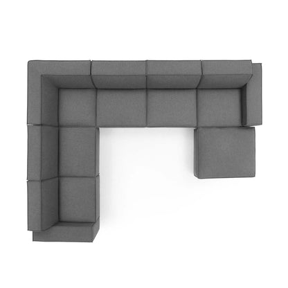 Brown fabric modular sectional sofa in an L-shaped arrangement with square cushions, contemporary style.