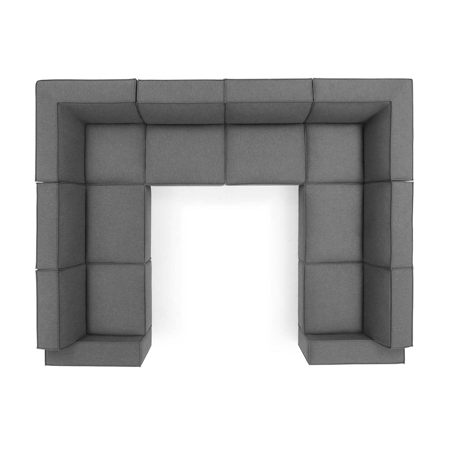 Brown 8-piece modular fabric U-shaped sectional with square-block cushions for lounge or reception.