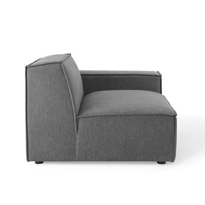Brown fabric sectional sofa with boxy cushions and a low-profile back, side view.