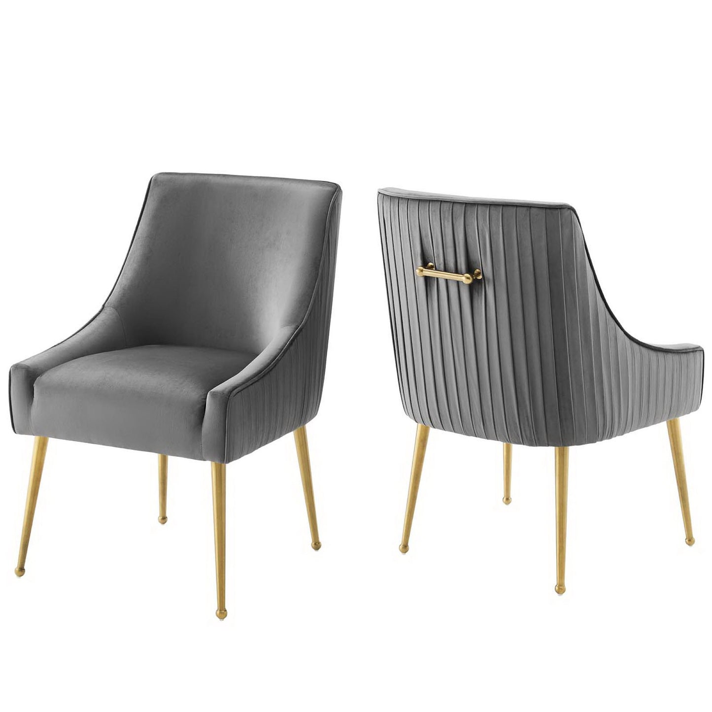 Pair of gray velvet dining chairs with curved arms, pleated back & gold tapered legs.