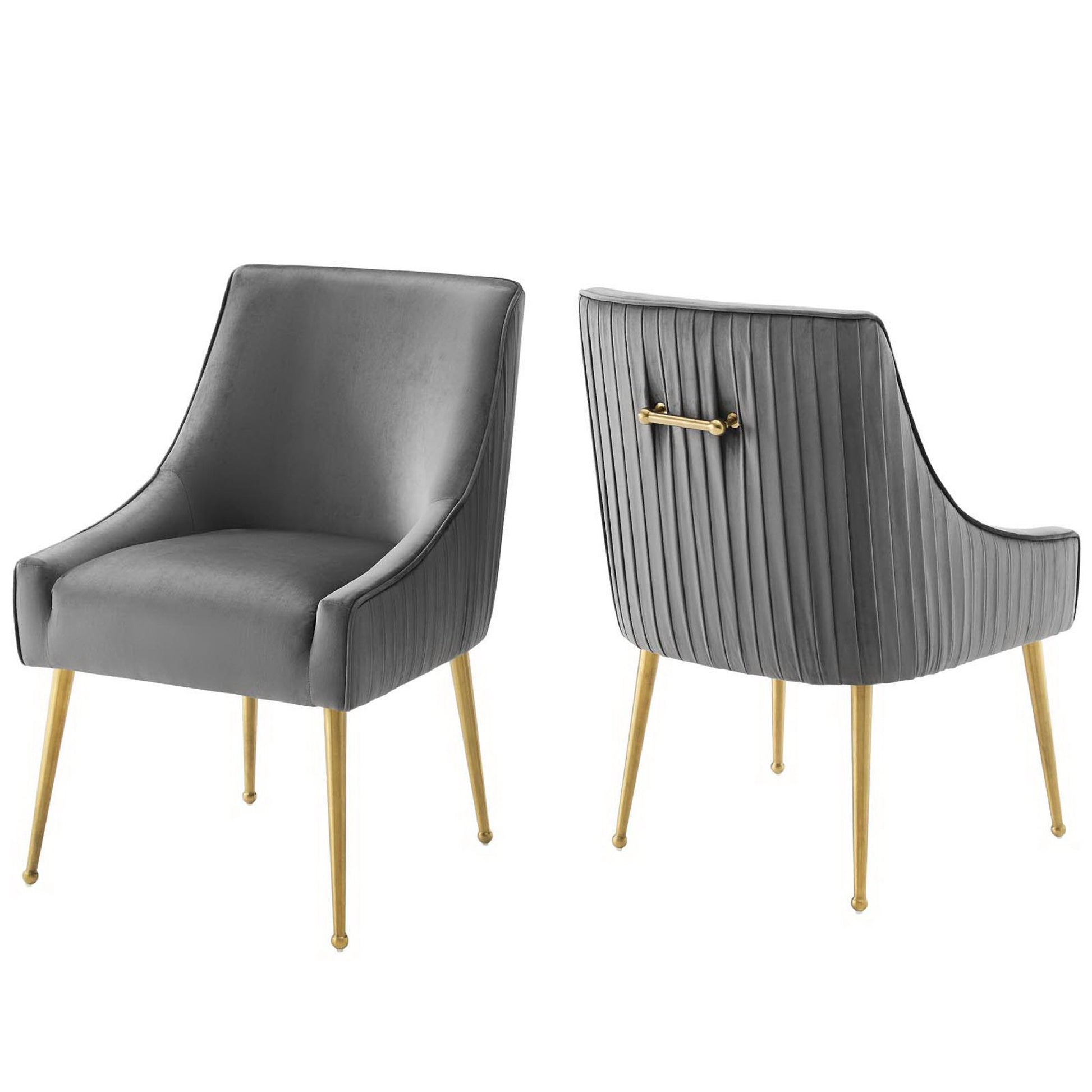 Pair of gray velvet dining chairs with curved arms, pleated back & gold tapered legs.