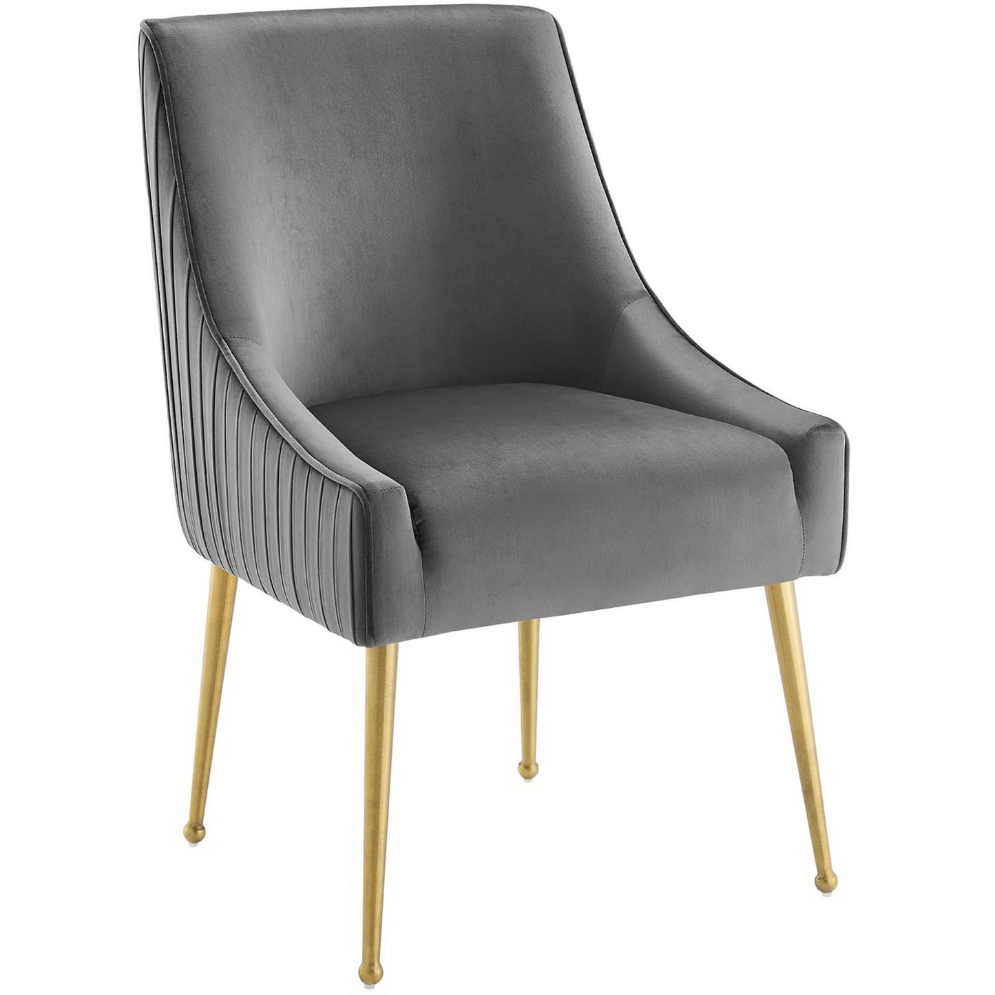 Grey velvet dining chair with pleated back upholstery and gold tapered legs.